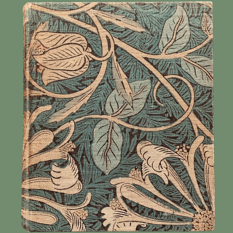 THE ROOTS OF THE MOUNTAINS—original binding with Morris & Co. "Honeysuckle" printed, floral chintz, cloth-covered boards.
